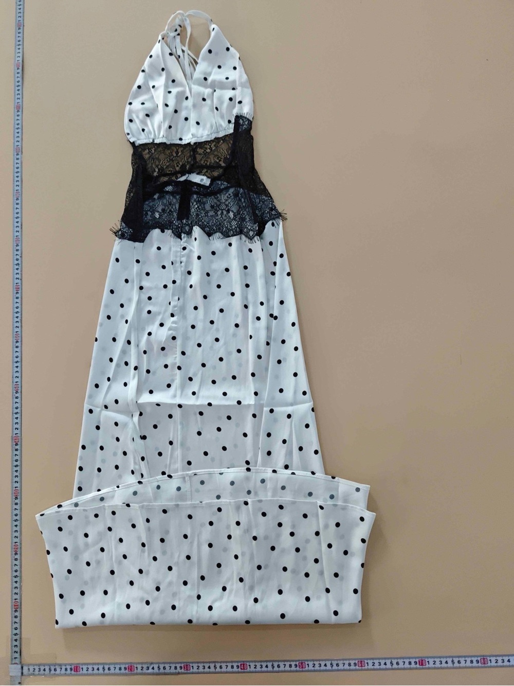 Polka Dot Halter Lace-Waist Maxi Dress - Cream/Black - Picture 5 of 7